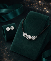 Three circle multi cz stone 18'' long mangalsutra in pure silver