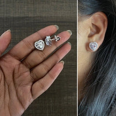 1.1 cm diameter multi cz stone heart shape screw back studs in pure silver