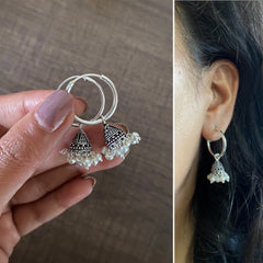 2 cm diameter thick plain balis with tiny antique finish carving work jhumkas and shell pearls in pure silver