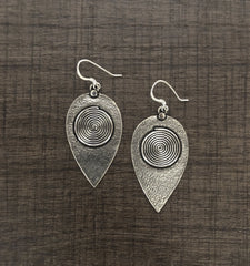 Upside down tear drop pattern spiral and beaten texture earrings in pure silver