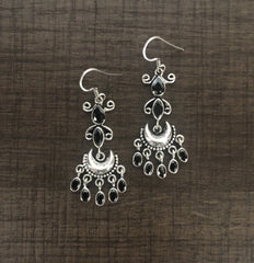 Black cz cut stone chandbalis danglers in pure silver