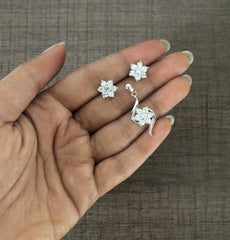 Six petal cz flower earring and curved edges pendant set in pure silver