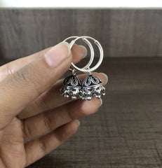 2 cm diameter thick plain balis with small antique finish carving work jhumkas in pure silver