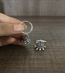 2 cm diameter thick plain balis with small antique finish carving work jhumkas in pure silver