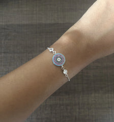 Multi colour cz stone evil eye pattern adjustable chain bracelet in pure silver