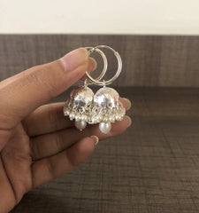 Multiple pearl cluster jhumka with a 2 cm thick plain bali in pure silver