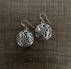 Floral cut work round hollow earrings in pure silver