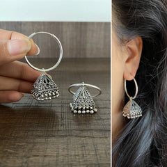 Carving work pyramid jhumkas with a 3 cm thick plain bali crafted in pure silver