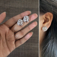 Rose pattern multi cz stone studs in pure silver