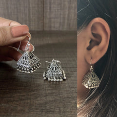 Intricate carving work Pyramid shape jhumkas in pure silver