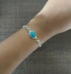 8'' long turquoise stone non adjustable bracelet in pure silver