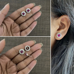 1 cm multi cz stone detachable studs in pure silver with a ring and ruby pink onyx stone centre in pure silver