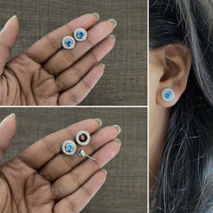 1 cm multi cz stone detachable studs in pure silver with a ring and blue cz stone centre in pure silver