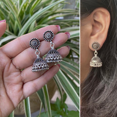Antique finish round stud with jaali pattern jhumkas in pure silver