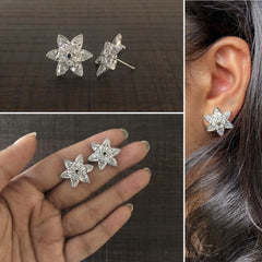 Multi cz stone six petal flower studs in pure silver