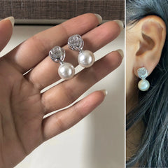 Rose cut swarovski cz stone studs with pearl drops in pure silver