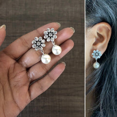 Flower cz stone studs with pearl drops in pure silver