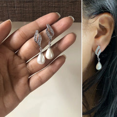 Compact cz stone pearl hanging (3.4 cm long) studs in pure silver