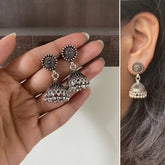 Antique finish round stud with jaali pattern jhumkas in pure silver