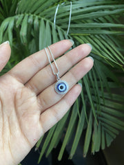 1.2 cm diameter multi cz stone studded blue evil eye pendant with an 18'' chain in pure silver