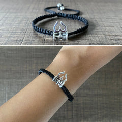 Pure silver Damru-Trishul adjustable hand braided bracelet