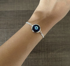 Big Evil eye bead adjustable bracelet with a ring and 7.5'' long chain in pure silver