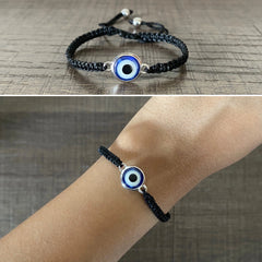 1.2 cm diameter adjustable evil eye bead hand braided bracelet with a pure silver ring