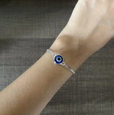 1.2 cm diameter evil eye bead bracelet with a ring and 7.2'' long chain in pure silver