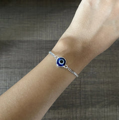 1.2 cm diameter evil eye bead bracelet with a ring and 7.2'' long chain in pure silver