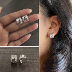 Half circle cz stone studded cut work studs in pure silver