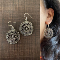 3 cm diameter intricate filigree work hangings earrings in pure silver
