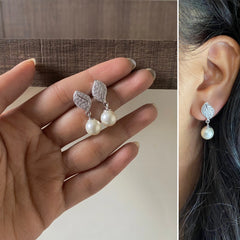 Paisley pattern multi cz stone studs with pearl drops in pure silver