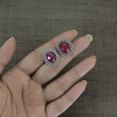 Pink onyx cut stone oval studs made in pure silver