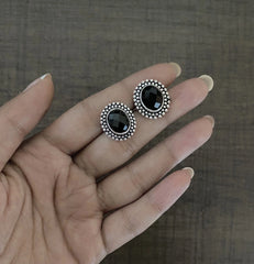 Black onyx cut stone oval studs made in pure silver