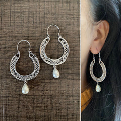 3.7cm diameter cut work balis with pearl drops in pure silver