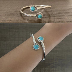 Round rava pattern natural turquoise stone twisted kada in pure silver