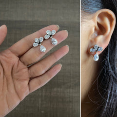 Half flower cz stone studs in pure silver