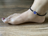 Single evil eye bead and silver beads black thread adjustable anklet in pure silver