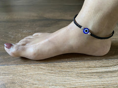 Single evil eye bead and silver beads black thread adjustable anklet in pure silver