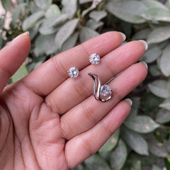 6mm cz stone double paisley pendant with matching 6mm single cz stone grain setting studs in pure silver