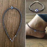 Black Beads and Evil Eye Bead Nazariya Adjustable Anklet in pure silver (Single Piece)