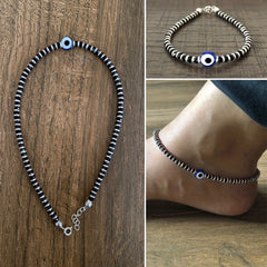 Black Beads and Evil Eye Bead Nazariya Adjustable Anklet in pure silver (Single Piece)