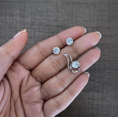 6mm cz stone double paisley pendant with matching 6mm single cz stone grain setting studs in pure silver