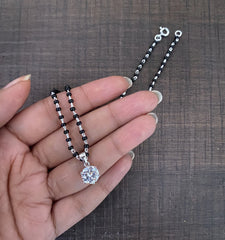 8mm single cz stone six prong setting pendant with an 18'' mangalsutra chain in pure silver