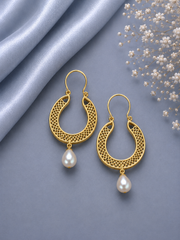 3.7 cm diameter cut work balis with pearl drops in 22 kt gold plating made in pure silver