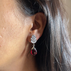 3.5 cm long marquise cut cz stone studs with dark pink drops in pure silver