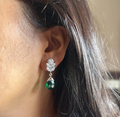 3.5 cm long marquise cut cz stone studs with dark green drops in pure 925 silver