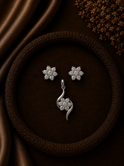 Six petal cz flower earring and curved edges pendant set in pure silver