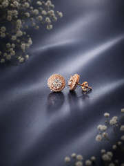 Rose gold plated round shape halo cz studded earrings in pure silver