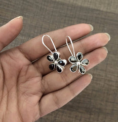 Black cz stone cut stone flower loops in pure silver (big size)